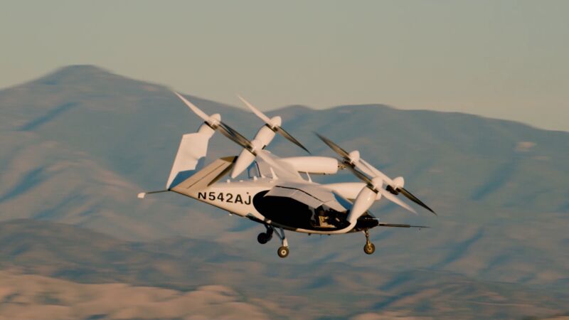 Joby Aviation's electric aircraft takes off for a test flight.