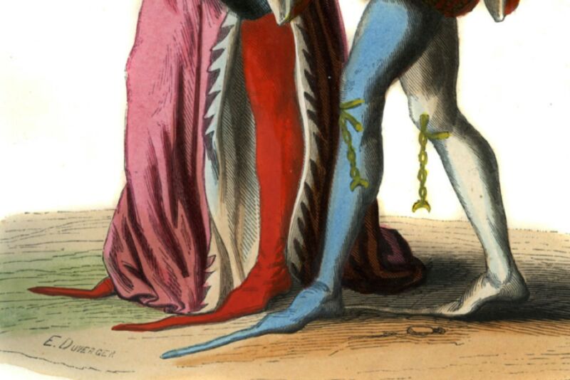 Detail showing fashionable pointed shoes of two English courtiers of Richard II, 14th century. One has two different colored shoes and chains hanging from his knees, gold necklace. Hand-painted copy of 14th-century art (c. 1847).