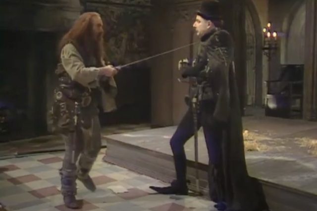 Rowan Atkinson's Edmund Blackadder routinely wore dramatically pointed shoes in <em>The Black Adder</em>, set in medieval England.