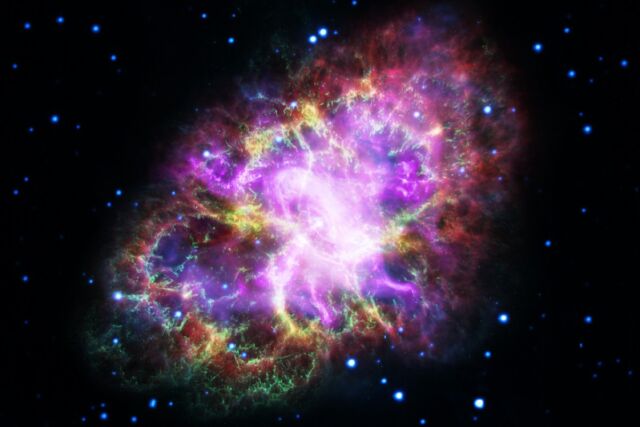 This composite image of the Crab Nebula was assembled by combining data from five telescopes spanning nearly the entire breadth of the electromagnetic spectrum.