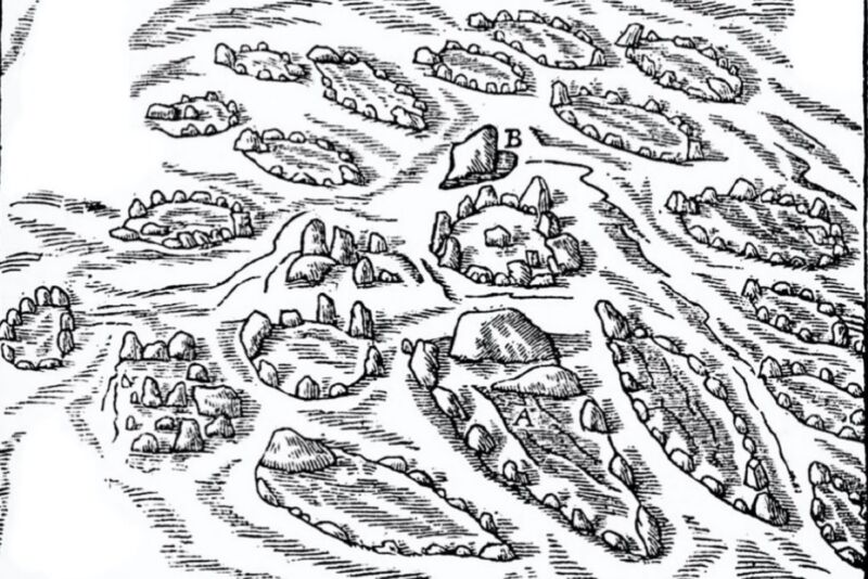 Ole Worm's 17th-century drawing of the Hjarnø Viking ship settings at Kalvestene (1650).