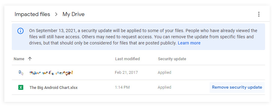 Le Google "Fichiers concernés" interface utilisateur.  N'hésitez pas à ajouter ou supprimer cette mise à jour de sécurité.