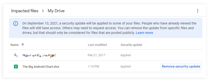 de Google "archivos impactados" interfaz.  No dude en agregar o eliminar esta actualización de seguridad.