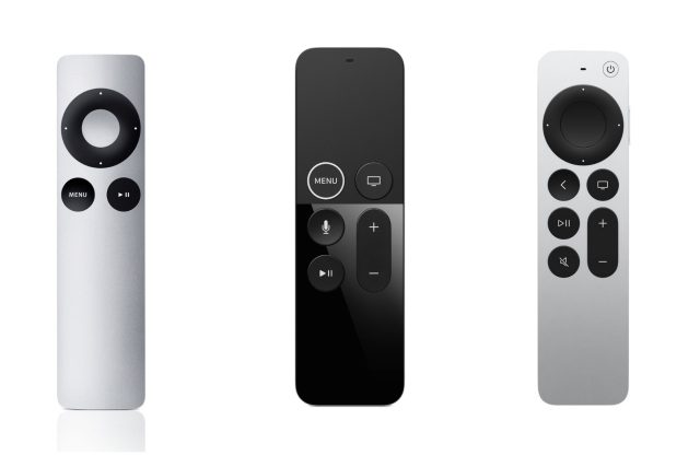 Apple's new Siri Remote takes design cues from both previous generations, creating an ideal balance of analog and high-tech feel. From left to right: Apple TV Remote, Siri Remote (first gen), Siri Remote (second gen).