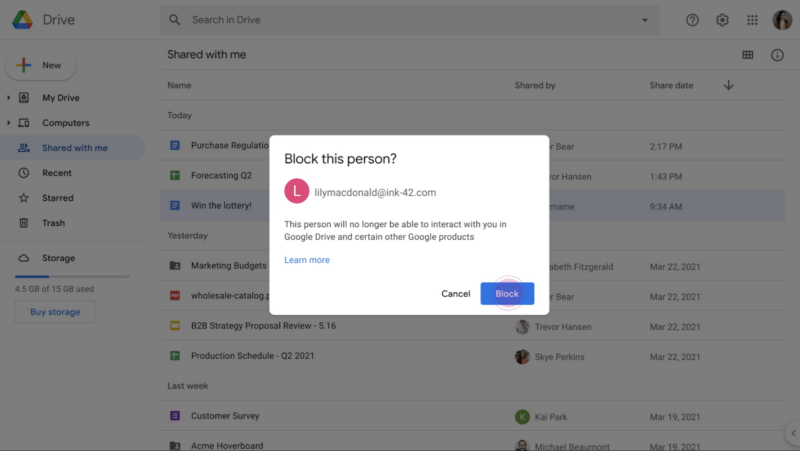 Block Individual Users in Google Drive!  And last but not least!