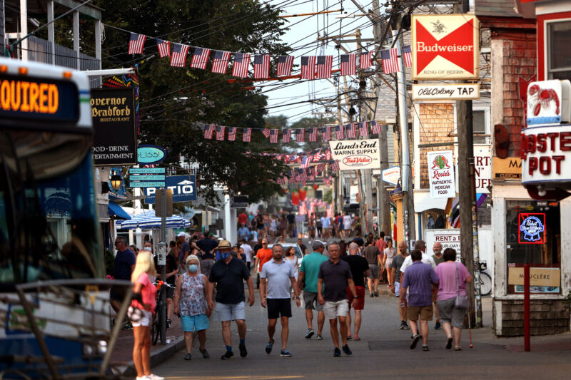 Foot traffic along Commercial Street in Provincetown, Mass., on July 20, 2021. Provincetown officials have issued a new mask-wearing advisory for indoors, regardless of vaccination status, on the latest data showing that Provincetown COVID cases are increasing. 