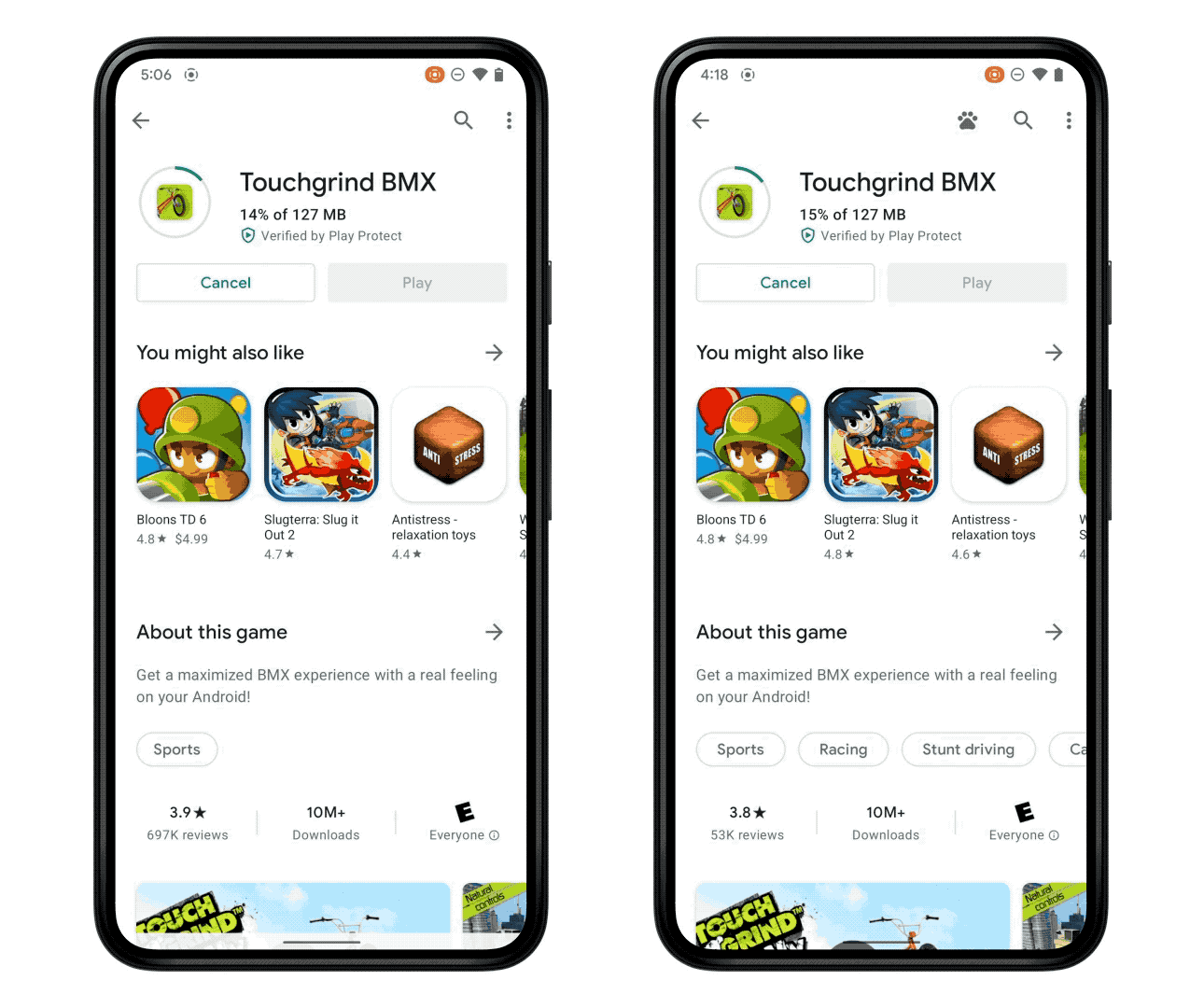 Google's only demo of the feature comes in the form of a massive 13MB GIF.  Sorry.  Anyway, notice how play-as-you-download (on the right) starts at about 20 percent.