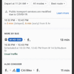 A user finds a bus line that will take them to a Google store in NYC. The app lets the user know that the bus is currently not crowded—and lets them change that status if the app got it wrong.