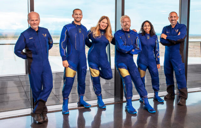 Virgin Galactic Unity22 Crew, from left to right: Dave Mackay, Chief Pilot, Colin Bennett, Lead Operations Engineer, Beth Moses, Chief Astronaut Instructor, Richard Branson, Founder Virgin Galactic, Sirisha Bandla, Vice President of Government Affairs and Research Operations, Michael Masucci, Pilot.
