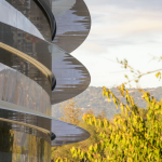 A tree-lined campus surrounds a multistory glass and steel building.