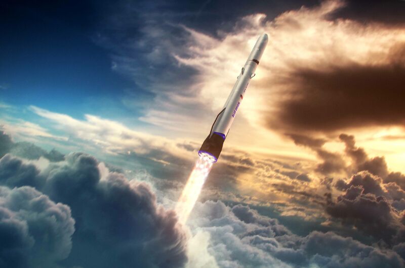 A rocket pierces a cloud-filled sky.