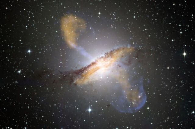 The Centaurus A galaxy, showcasing the powerful jets emitted from the supermassive black hole at its center.