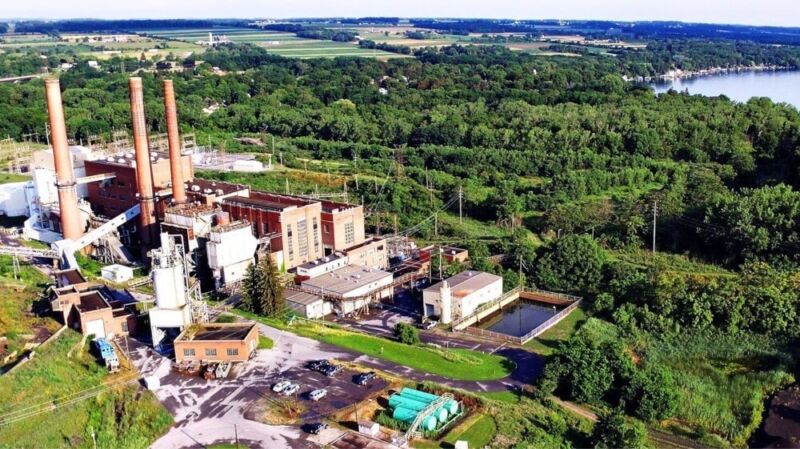 In this aerial photo of Greenidge Generation's power plant outside Dresden, NY, Seneca Lake is visible in the background. The lake receives warm water from Greenidge's operations.