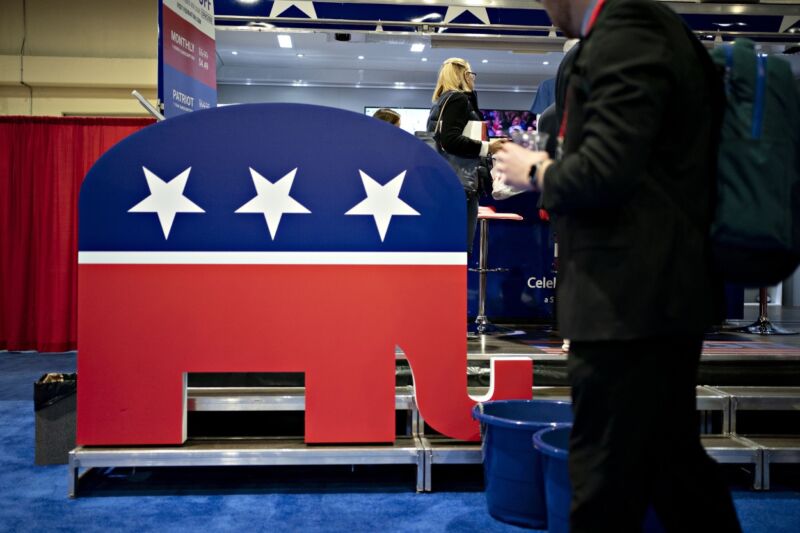 The Republican Party elephant symbol seen in a conference hall.