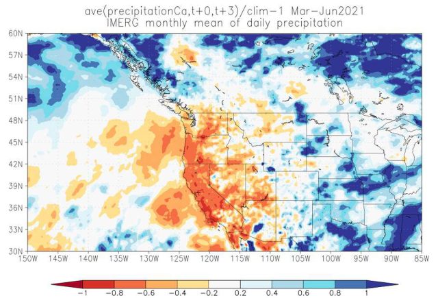 Satellite-Measured Precipitation Versus Average For March-June. Clearly The Spring Didn'T Help Things Any.