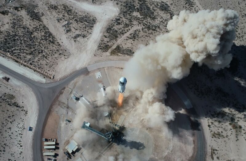 Blue Origin's New Shepard rocket launches from a remote site in West Texas.