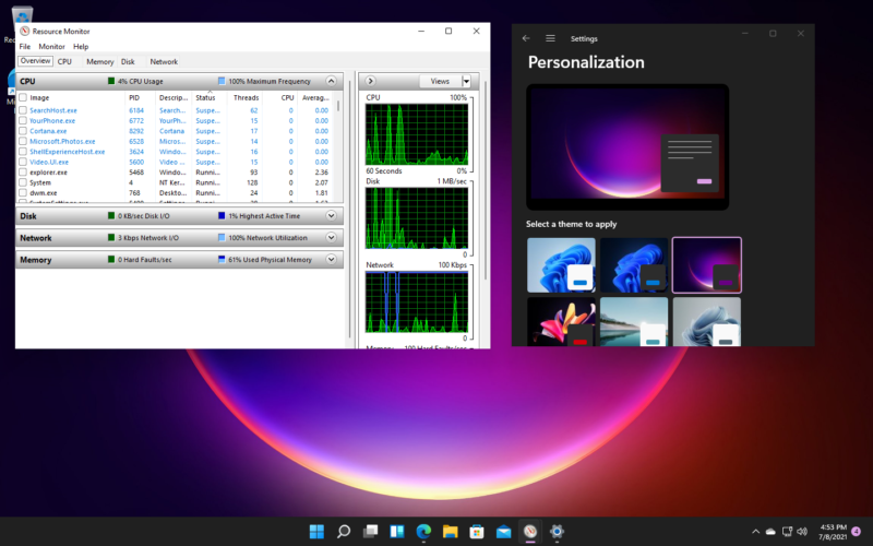 Configurar Windows 11 en uno de sus temas oscuros también oscurece el fondo de la aplicación Configuración, pero no el fondo de la mayoría de las aplicaciones tradicionales, como Resource Monitor.