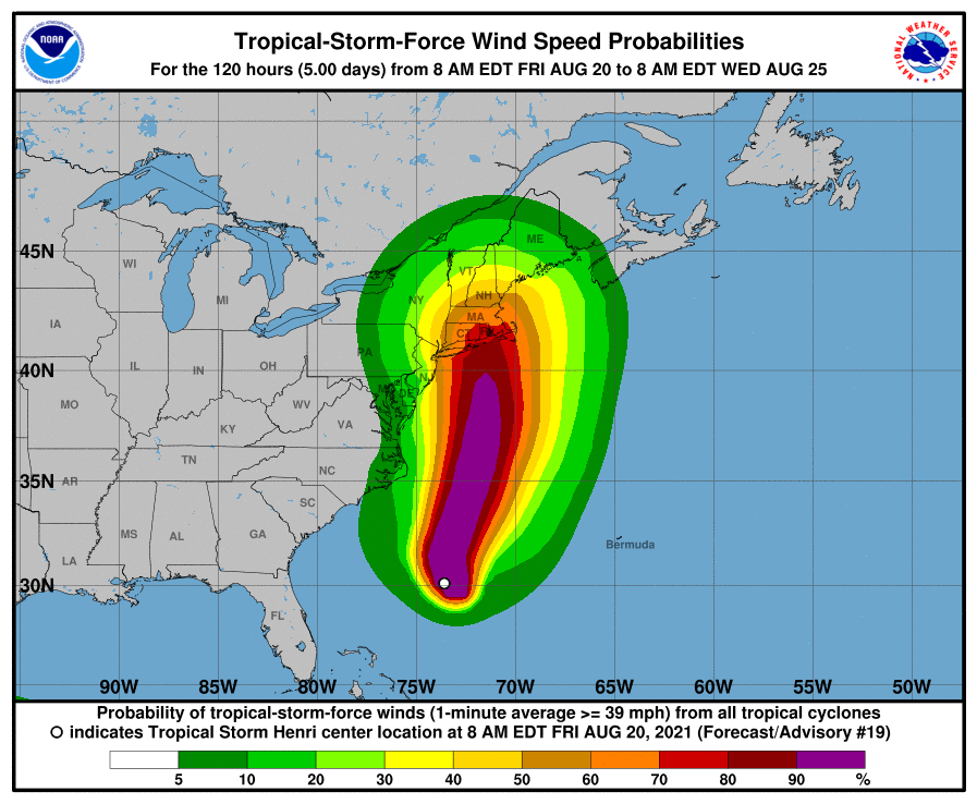 Probability of experiencing tropical-storm-force winds from Henri.