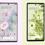 The Pixel 6 Pro (left) and Pixel 6 (right). The Pro screen has slimmer bezels and is curved along the sides, while the non-Pro screen is flat and has thicker bezels.