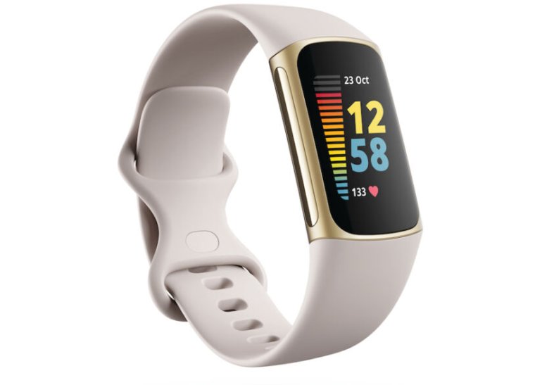 Product render of Fitbit Charge 5 in Lunar White and Soft Gold.