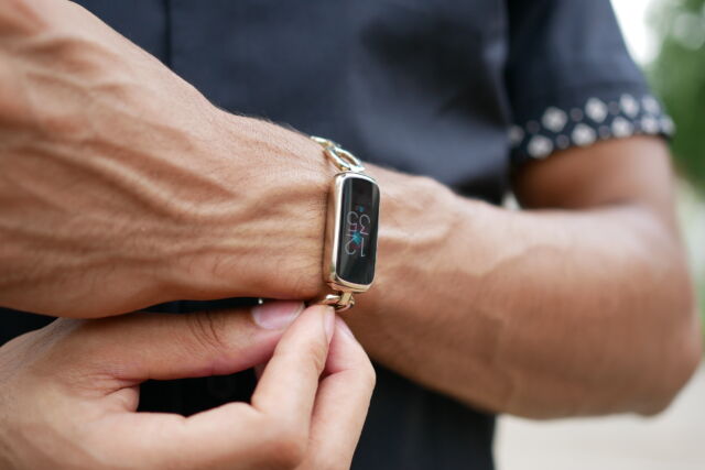 The Fitbit Luxe with its special edition Gorjana bracelet.