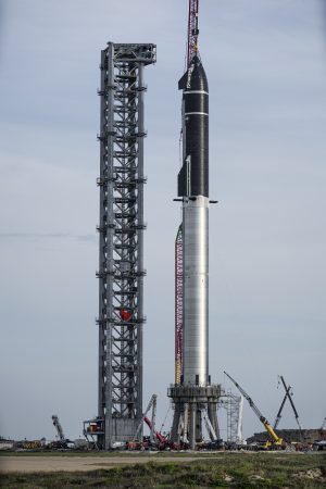 Starship stacked on a Super Heavy rocket, on Friday.