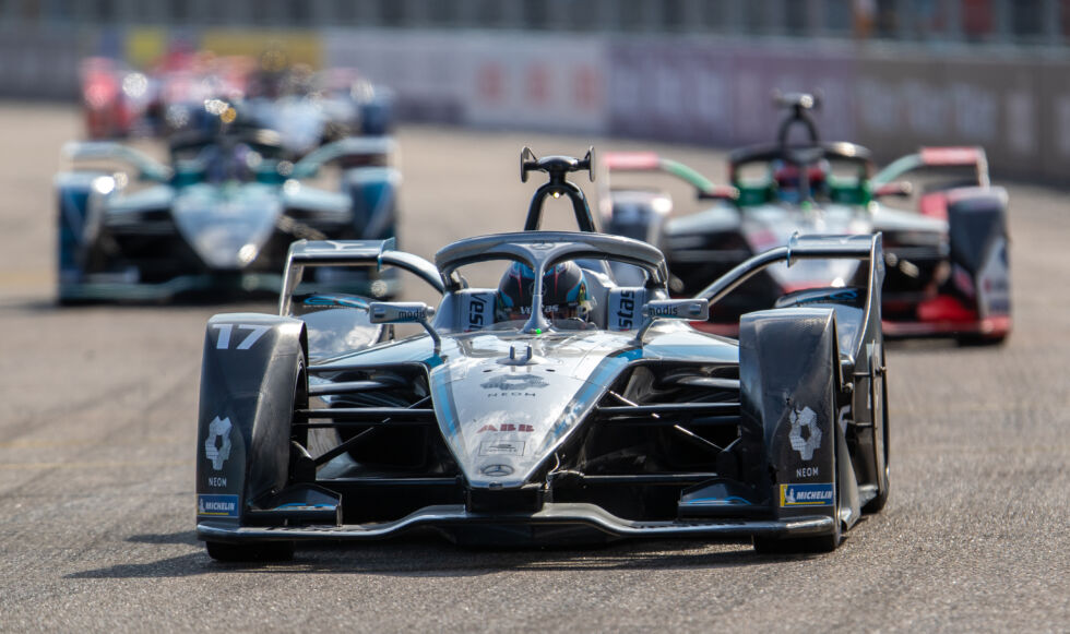 Nyck de Vries of the Mercedes-EQ Formula E team in action at the final race of the season in Berlin.