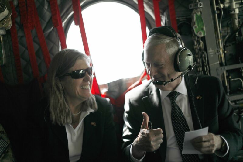 US Defense Secretary James Mattis gestures to senior advisor Sally Donnelly as they arrive by helicopter in the Afghan capital of Kabul on April 24, 2017.