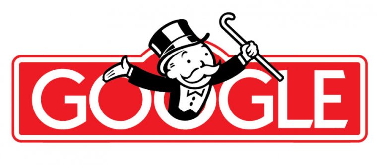 Stalo žaidimo „Monopolis“ logotipas su „Uncle Pennbags“ buvo pakeistas į „Google“.