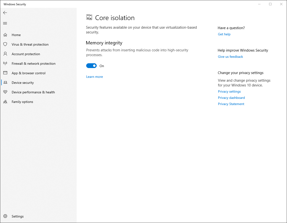 "Memory integrity," also known as HVCI, is included in Windows 10 but is off by default on most systems. It's a key security requirement for Windows 11.