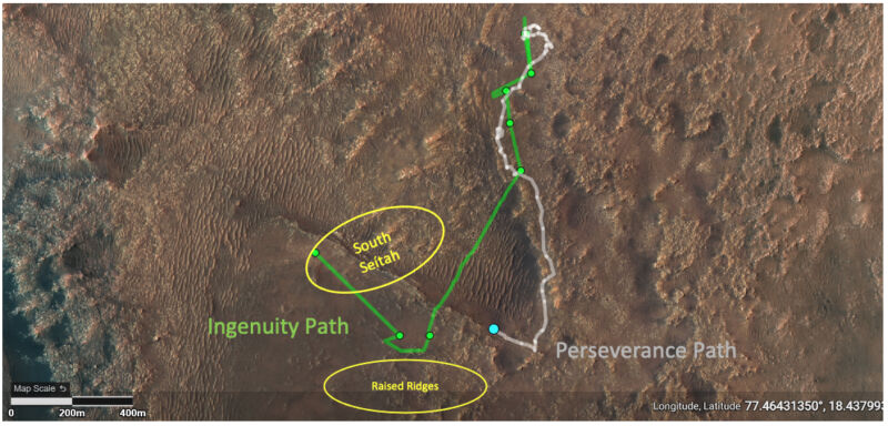 This image shows the ground tracks of NASA's Perseverance rover (white) and Ingenuity Mars Helicopter (green) since they arrived on Mars on 18 February.