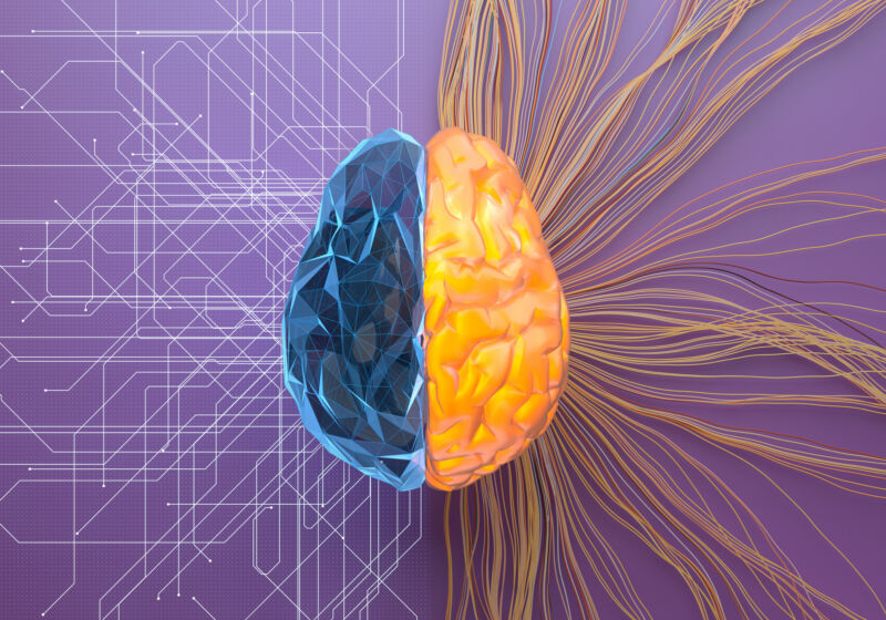 Heavily stylized illustration of human brain combines it with computer.