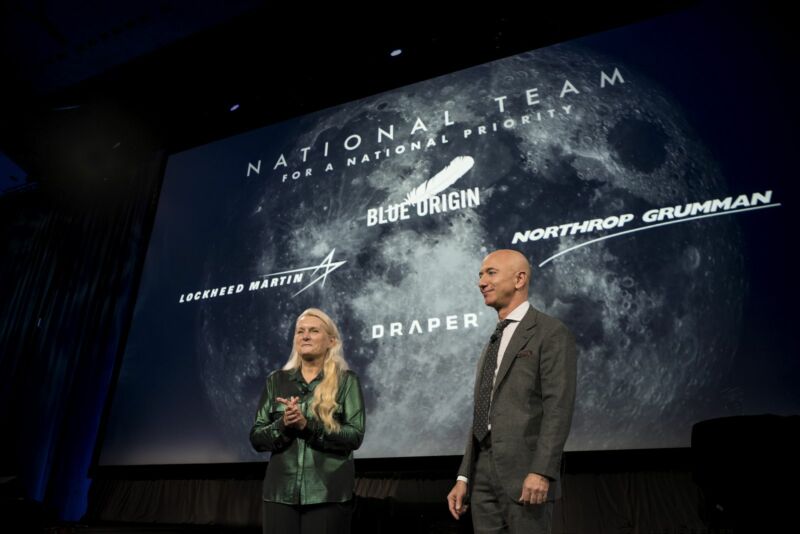 Blue Bezin founder Jeff Bezos announces the company's partnership with Lockheed Martin, Northrop Grumman and Draper to develop a human landing system in 2019.