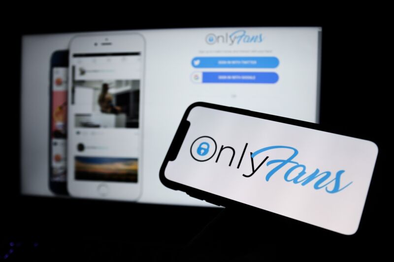 OnlyFans logo displayed on a phone screen and a laptop's web browser.