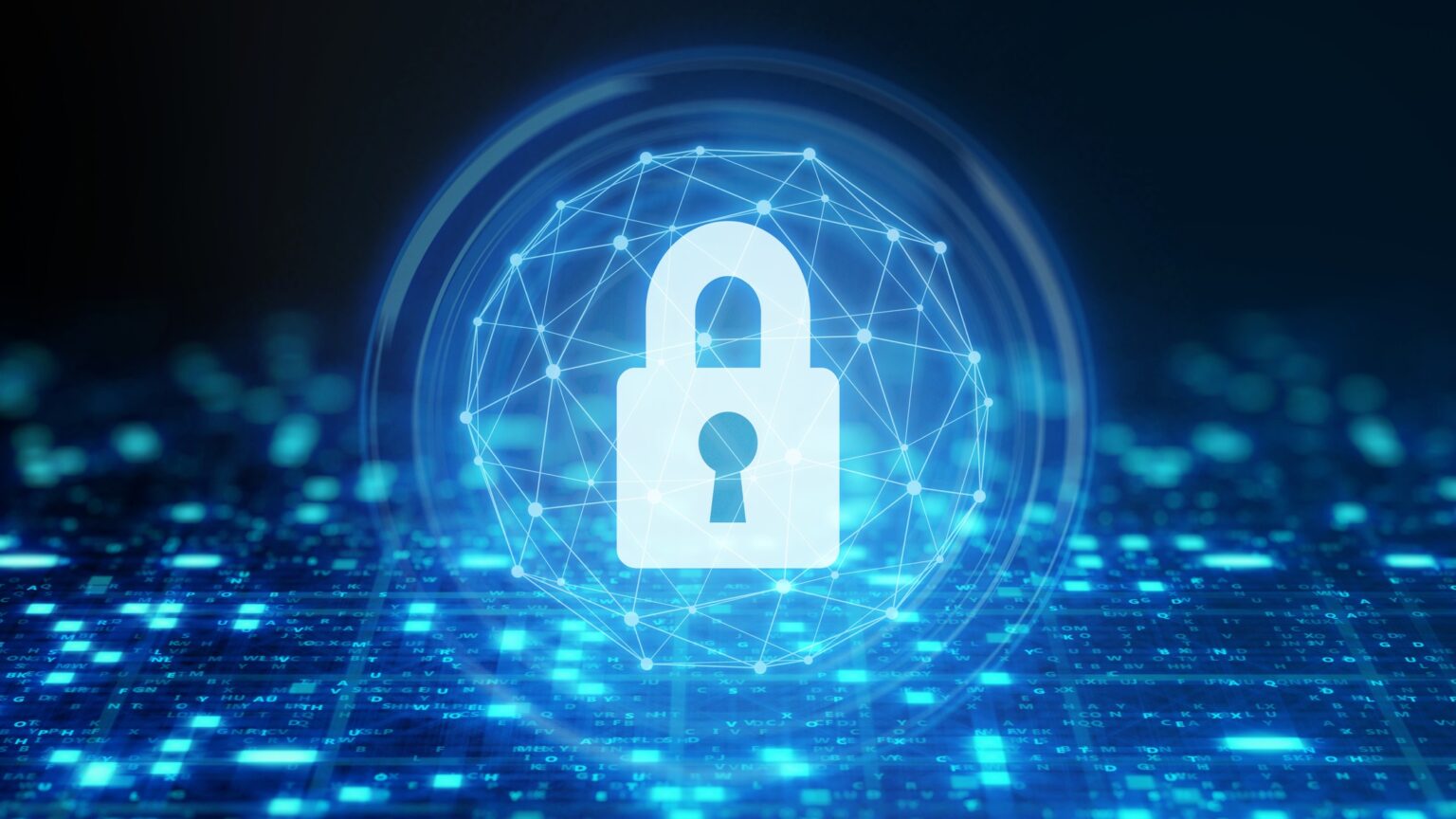 Illustration of a padlock over a glowing digital data panel.