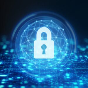 Illustration of a padlock over a glowing digital data panel.
