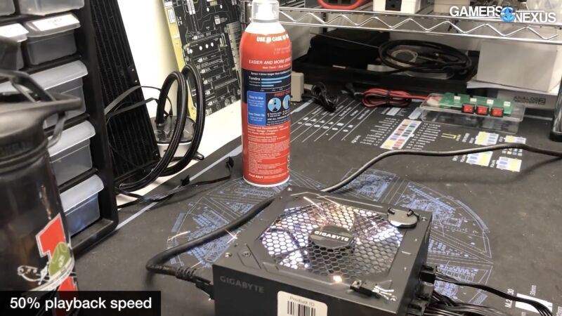 A Gigabyte power supply explodes during Gamers Nexus' testing.