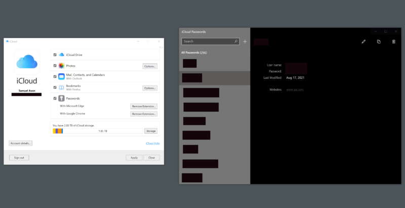 Perbarui iCloud untuk Windows dan aplikasi Kata Sandi iCloud yang baru.  (Jelas kami menyembunyikan beberapa informasi pribadi di sini.)