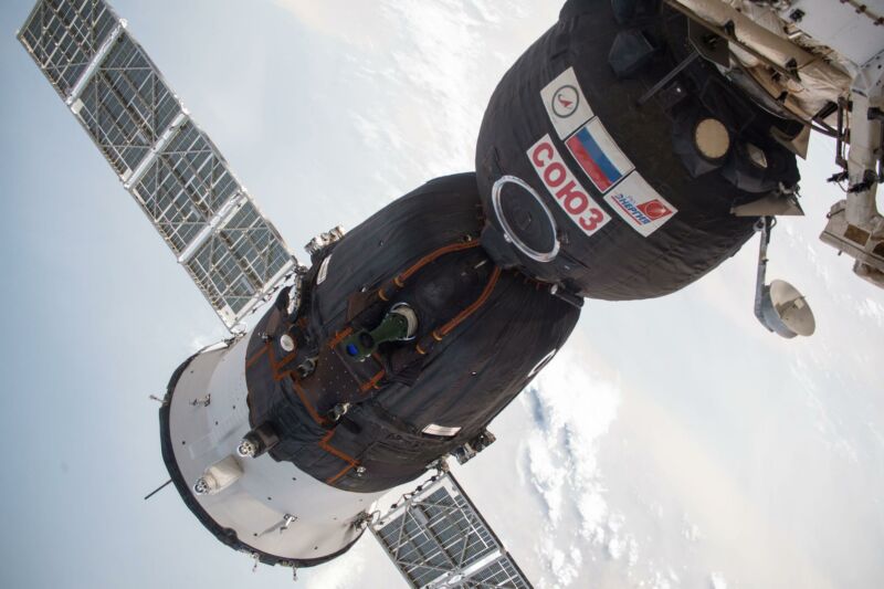 The Soyuz MS-09 spacecraft docked to the Rassvet module of the International Space Station's Russian segment.