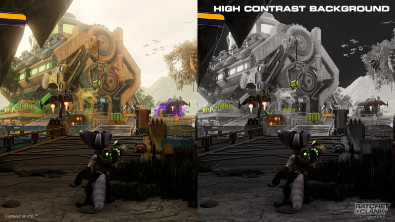 The high-contrast backgrounds in <em>Ratchet & Clank: Rift Apart</em> are just one of the more prominent examples of game designs tuned for the visually impaired.