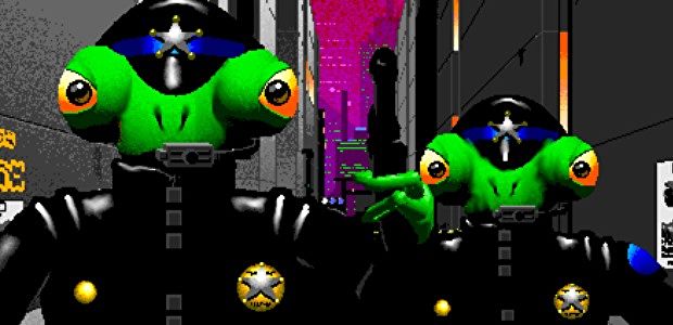 Screenshot from 1990s video game shows anthropomorphic frog police.