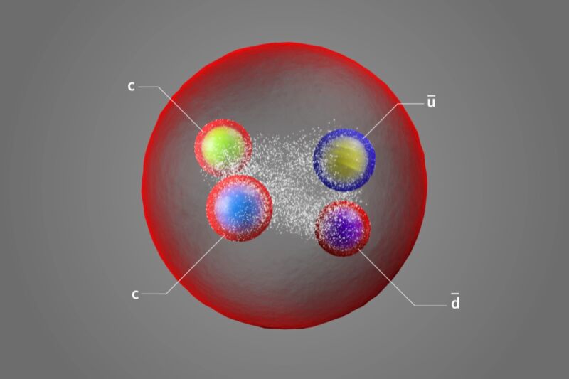 An artist’s impression of Tcc+, a tetraquark composed of two charm quarks and an up and a down antiquark.