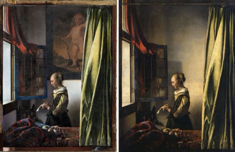 Side-by-side comparison of painting before and after restoration.