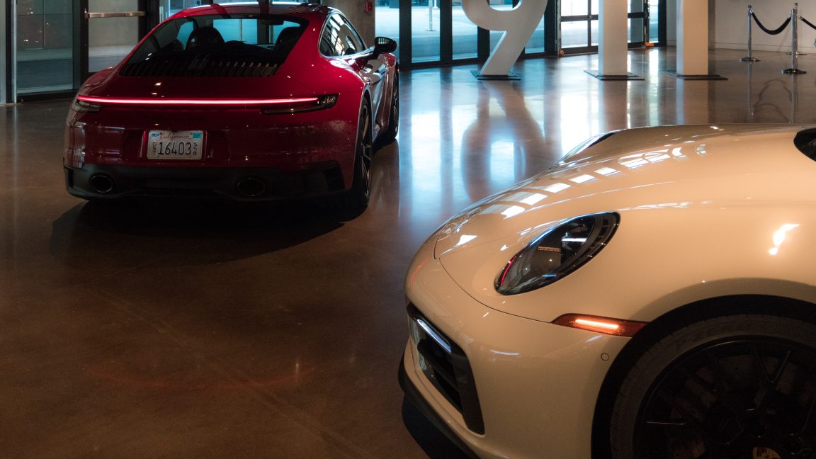 A pair of Porsche 911 GTSes at the Porsche Experience Center in Atlanta