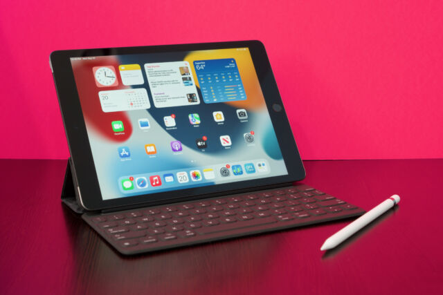 The 10.2-inch iPad with Apple's $159 Smart Keyboard and $99 (first-gen) Pencil stylus.