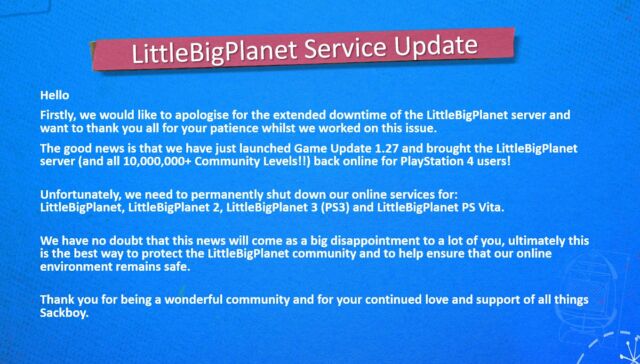 The official statement from the <em>LittleBigPlanet</em> Twitter account regarding the shutdown of its legacy platform servers.