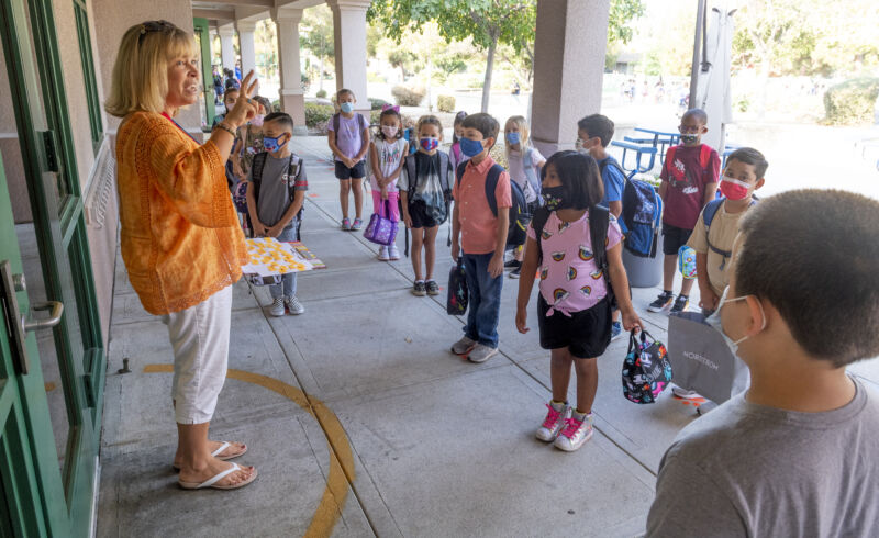 A second class teacher speaks to her class on Wednesday, August 11, 2021 during the first day of school at Tustin Ranch Elementary School in Tustin, CA.