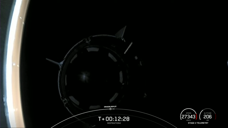 The Crew Dragon spacecraft separates from the second stage of a Falcon 9 rocket.