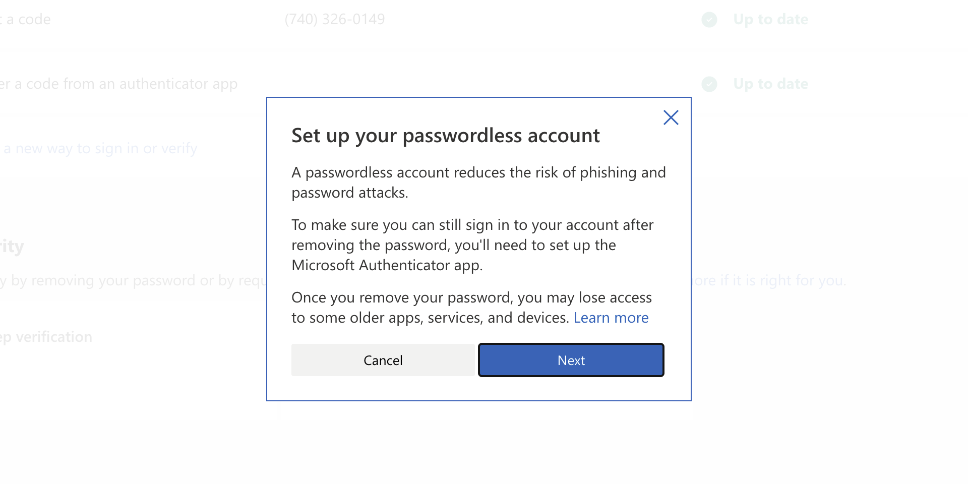 The warning message you'll see when you turn on the passwordless account feature.
