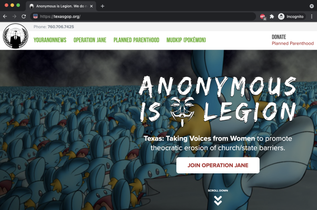 Le site Web du Texas Republican Party a été défiguré par Anonymous ce mois-ci.